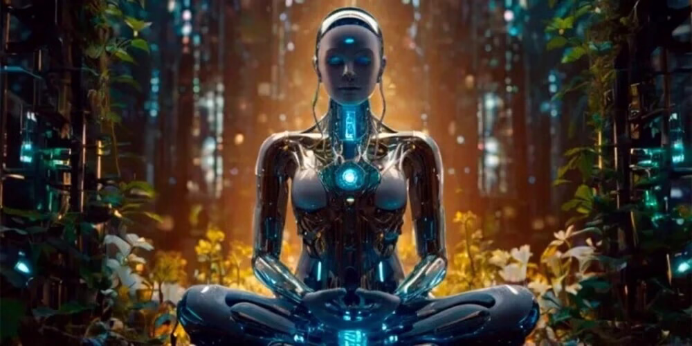 pessoa meditando com inteligencia articial ,conexao com a espiritualidade