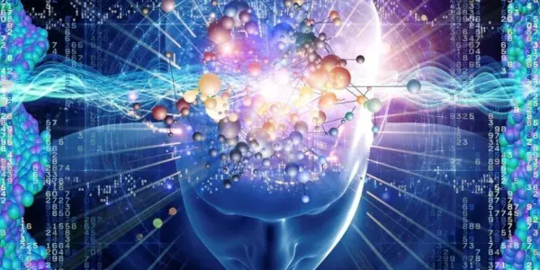 Imagem ilustrando a união entre espiritualidade e física quântica, com símbolos de energia, universo e consciência.